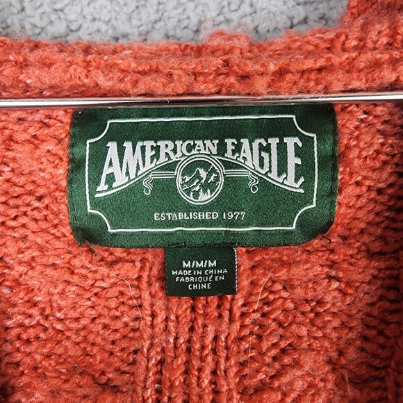 Womens American Eagle Orange V-neck Chunky Knit Hooded Sweater Sz Medium - Picture 7 of 7
